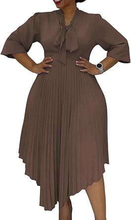 Plus Size Pleated Dresses for Curvy Women Bow Tie V Neck 3/4 Sleeve Irregularly Flowy Midi Church Dress