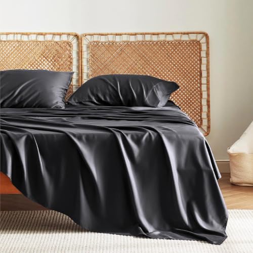 Image of Bedsure Full Size Bed Sheets, Cooling Sheets, Rayon Derived from Bamboo, PureWoven, Breathable & Soft, Deep Pocket Up to 16 Inches, Hotel Luxury Silky Bedding for Hot Sleepers, Black