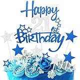 Royal Blue Silver Happy 21st Birthday Cake Toppers,21st Birthday Decorations for Boy,Personalised Cake Topper Blue Silver Star Cake Toppers for Girls Boys Birthdayparty Decorations Supplies - Image 1