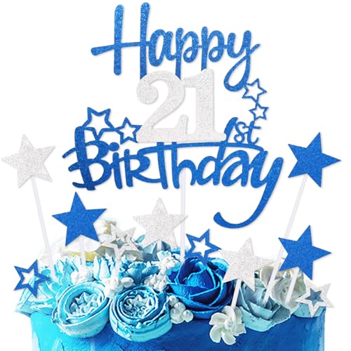 Royal Blue Silver Happy 21st Birthday Cake Toppers,21st Birthday Decorations for Boy,Personalised Cake Topper Blue Silver Star Cake Toppers for Girls Boys Birthdayparty Decorations Supplies