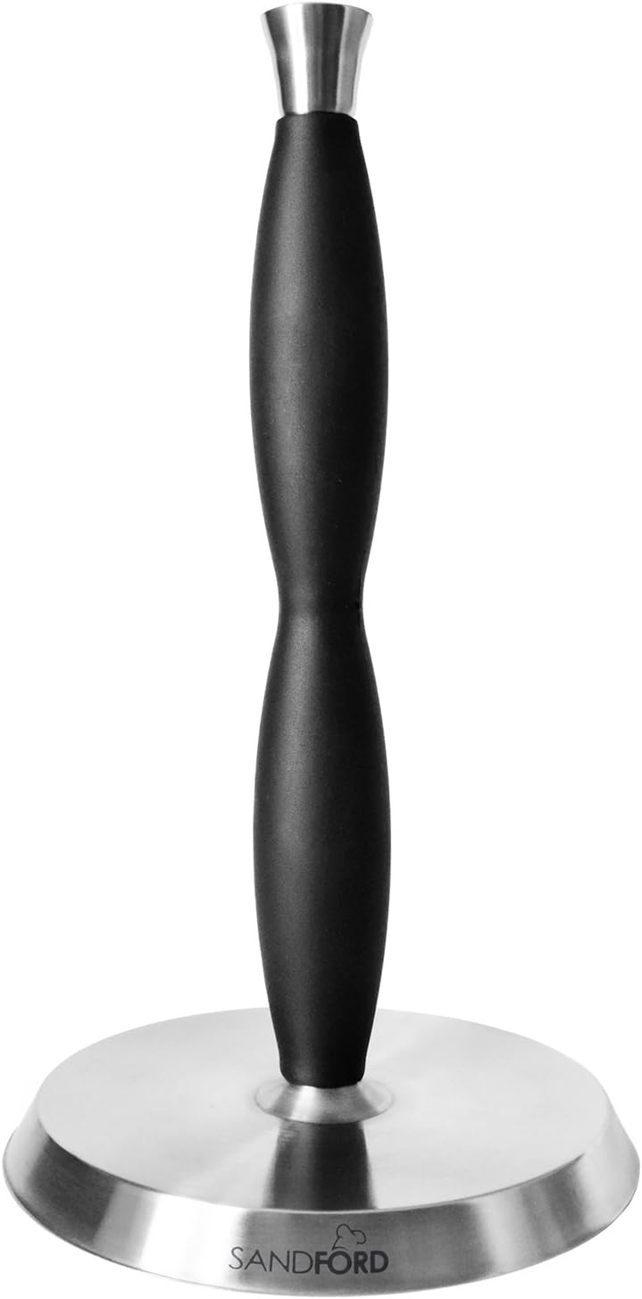 Sandford One Hand Tear Paper Towel Holder Kitchen PAPIERH Holder Stainless Steel with Silicone Handle One-hand of Standard & XXL Kitchen Roll | Stable with Weighted Base Black