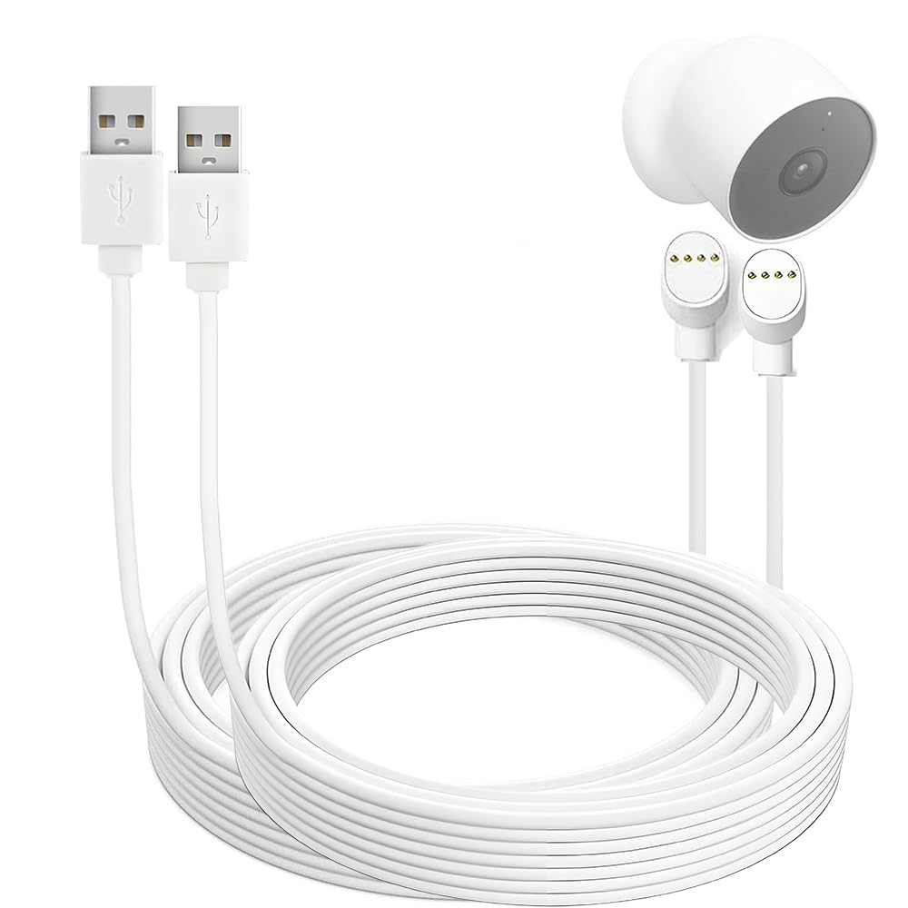 Paquete de 2 cables de carga de alimentación USB de 10 m, cable de carga más grueso, compatible con cámara Google Nest Cam (versión de batería), cable de carga extendido, resistente a la intemperie