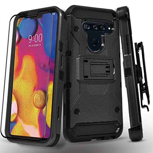 LG V40 ThinQ Case, with [Tempered Glass Screen Protector] Full Coverage Heavy Duty [Tank Armor] Dual Layers Phone Cover with Kickstand and Locking Belt Clip Compatible for LG V40 ThinQ/LG V40-Black