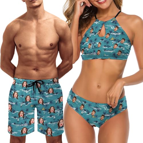 Custom Face Couple Matching Swimwear Personalized Bikini Set Swim Shorts High Waisted Bikini Swimsuit Bathing Suit for Gift