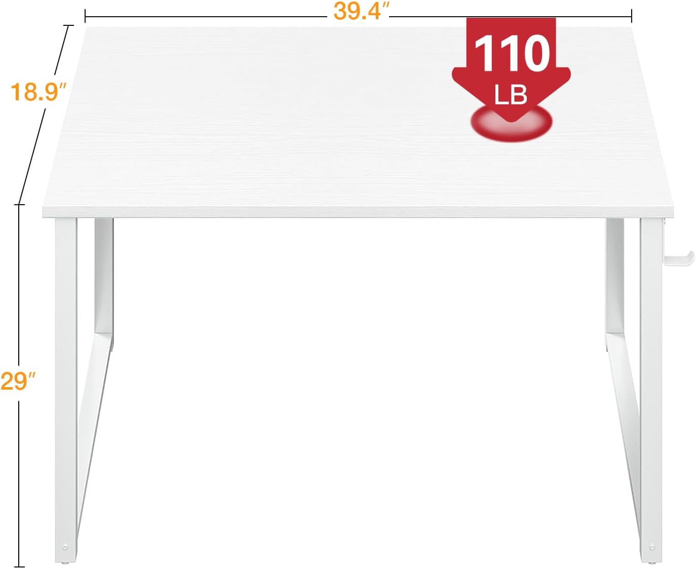 Diagram showing the dimensions of the ODK 40-inch computer desk: 39.4 inches length, 18.9 inches width, and 29 inches height, with a 110 LB weight capacity indicated.