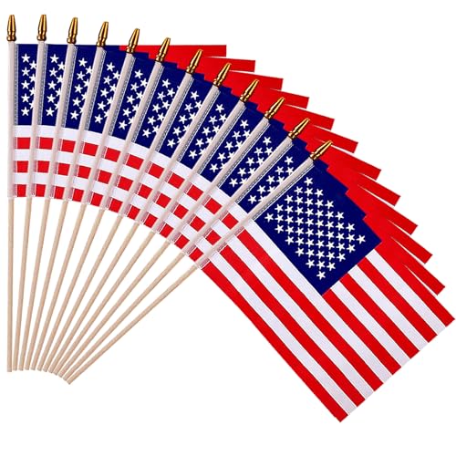 12 Pack Small American Flags - 4x6 Inch Mini USA Hand Held Stick Flag with Safety Spear Top, 250th Anniversary, Memorial Day, Outdoor 4th of July Decorations, Veteran's Day Patriotic Decor