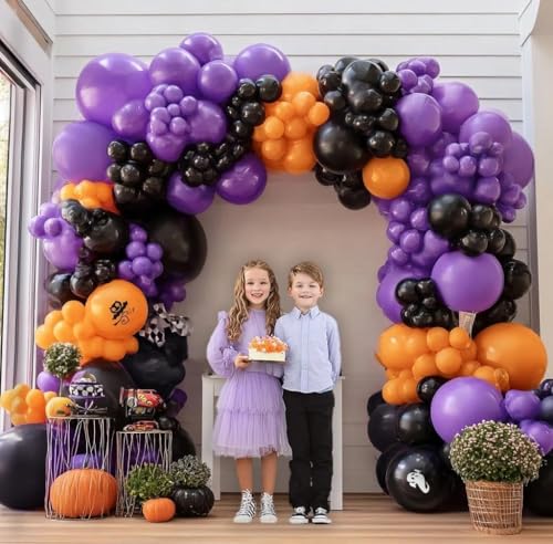 Image of Purple Orange Balloon Arch Kit, Double Stuffed Purple Lavender Orange Black Balloon Garland for Basketball Sport Theme Birthday Race Car Magic Graduation Baby Shower Party Decorations