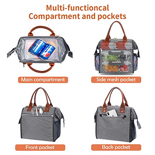 Insulated Lunch Bag, MOKALOO Large Capacity Lunch Tote Box With Removable Shoulder Strap, Multi-functional Reusable Thermal Snacks Cooler Bag for Men, Women, Stripe - Thumbnail 6