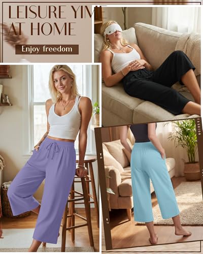 Image of Locoowai 3 Pack Women's Capri Pants Casual Wide Leg Yoga Pants High Waist Drawstring Cropped Lounge Sweatpants with Pockets