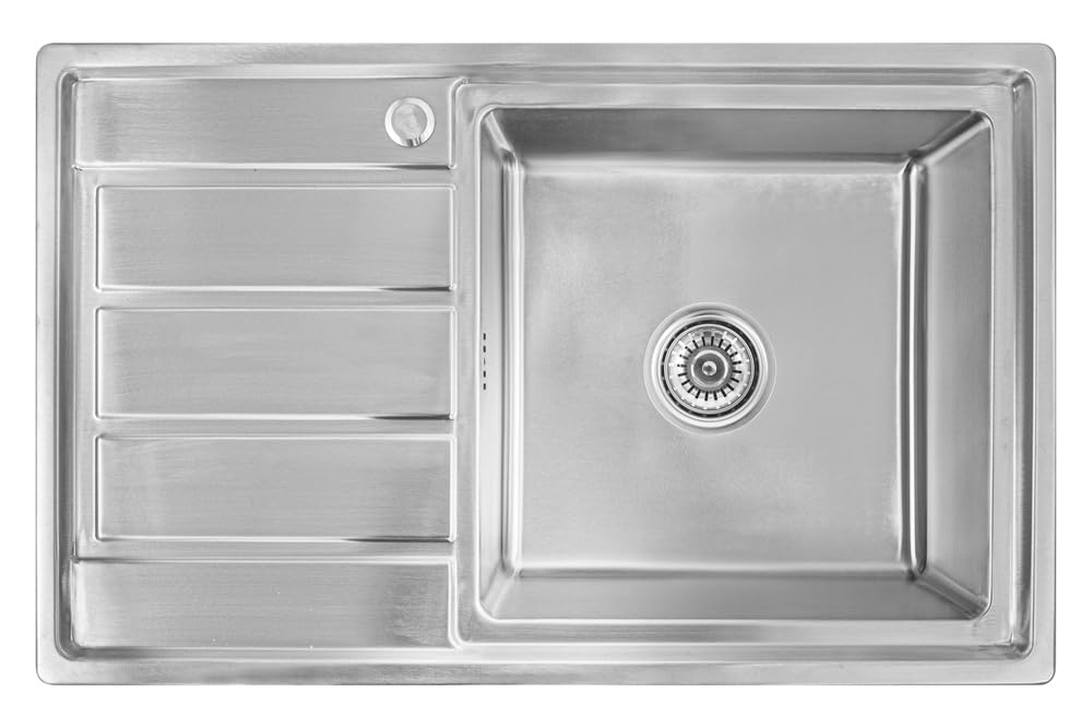 80x50x21cm Fregadero de cocina de acero inoxidable 304 de 0,9 mm,Fregadero empotrado 1 seno,pequeña rectangular R16 (escurridor izquierdo y plateado)