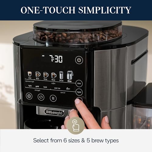 Image of De'Longhi TrueBrew Drip Coffee Maker, Grinder, 8 to 40 oz, Built-In Grinder | #1 Worldwide Espresso Machine Maker, Built-in Grinder, 40 oz Coffee Pot, 5 Brew Styles, 6 Brew Sizes, One-Touch Simplicity