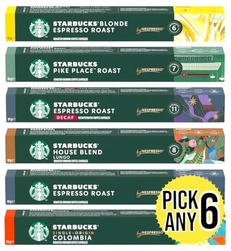 STARBUCKS PICK ANY 6 Coffee Capsules by Nespresso, Flavours inc. Espresso Roast, House Blend Lungo, Pike Place, Colombia, Decaf, Blonde Espresso Roast (Total 60 Pods)