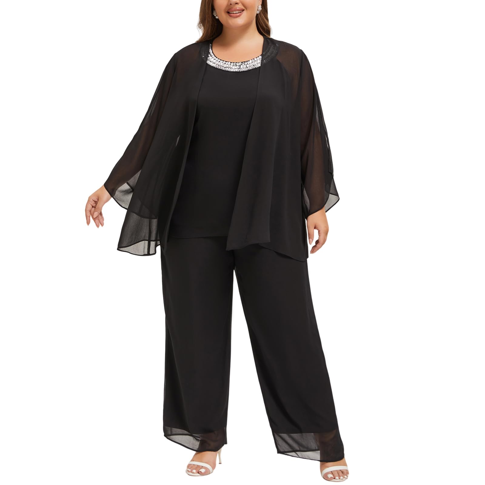 Plus Size Mother of Bride Pant Suits 3 Piece Chiffon Sets Hand Sewn Diamonds Wedding Guest Outfit