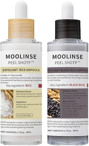 Glow Rice Ampoule Duo Set Day & Night | Exfoliating Facial Peels, Black & White Rice Extract, BHA Salicylic Acid, Niacinamide, Pore Refining & Oil Balancing