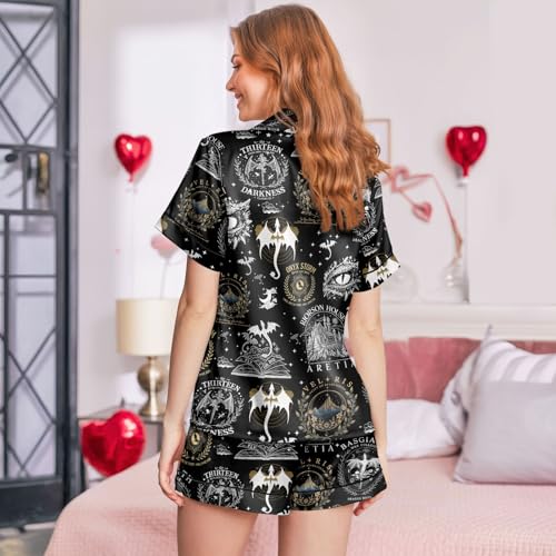 Image of Women's satin pajamas set, Short-sleeve button down Loungewear | Exclusive print on soft satin fabric; breathable comfort for sleep or lounge; button front top, elastic shorts; easy care