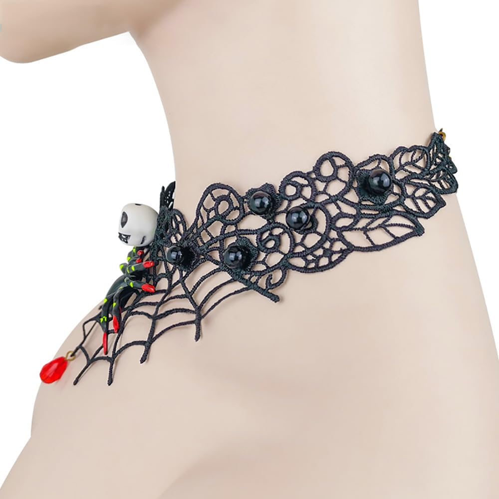 Black Lace Spider Web Choker Necklace for Women Gothic Skull Spiders Red Crystal Charm Pendant Collar Necklace Halloween Party Clothing Accessories - Image 4