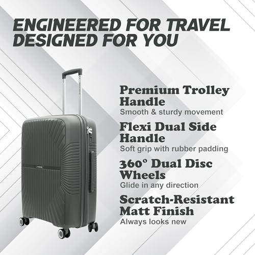 Image of AMERICAN TRAVELLER Tourispro Trolley Bag for Travel Single Small |Suitcase for Travel |Leightweight Large Luggage Traveling Bag| Polypropylene(Pp) Bags with Expandable 8 Wheels (20, Charcoal Grey)