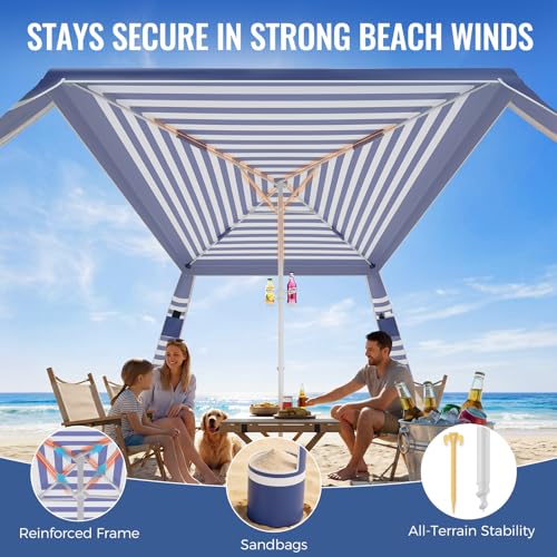 Beach Cabana, 8 x 8 ft Large Pop Up Beach Canopy Tent Sun Shelter for 6-8 Person Family, UPF 50+ UV Protection Beach Shade with Sidewall & Sandbags, Windproof Reinforced Poles for Beach Camping by VACCOME - Image 2