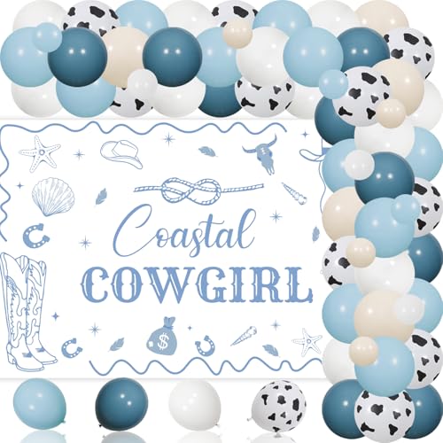 Coastal Cowgirl Bachelorette Party Decorations Blue Cowgirl Backdrop Shell Boots Hat Photography Background Cloth Blue Garland Arch Kit for Western Cowgirl Engagement Bridal Shower Party Supplies