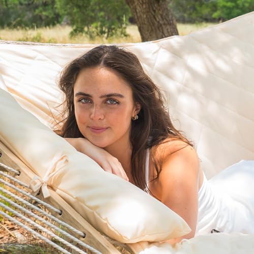 Image of ANOW Outdoor Rope Hammock with Spreader Bars, Hammock Pad and Pillow, Cream