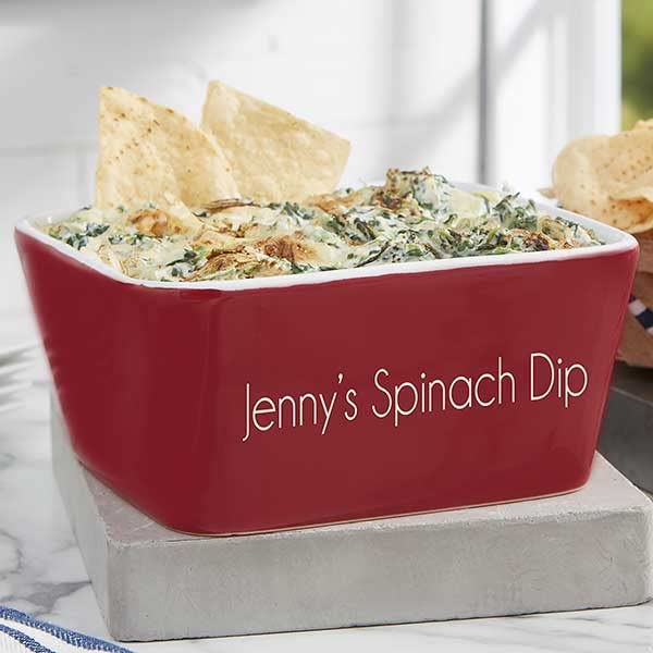 Personalization Universe Classic Personalized Small Square Baking Dish, Hand-Glazed Stoneware Dish, Oven to Table Cookware, Ideal for Dips and Appetizers, Microwave and Dishwasher Safe - Red