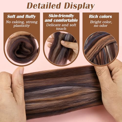 Image of Wool Roving 7.02oz Colored Natural Needle Felting Wool Bulk for Spinning, Arm Knitting Blanket, Wet Felting, Handcrafts, Yarn Roving for DIY Craft Materials(Mocha Ombre)