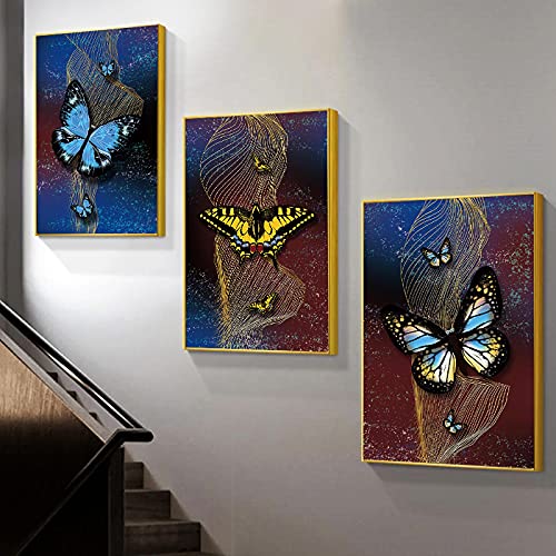 Affiche papillon or pour salon moderne triptyque de toiles abstraites nordiques 50x75cm