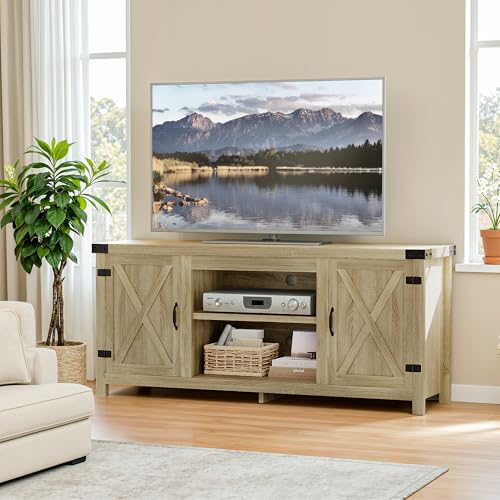YESHOMY Modern Farmhouse TV Stand with Two Barn Doors and Storage Cabinets for Televisions up to 65+ Inch,Entertainment Center Console Table,Media Furniture for Living Room,Yellow Oak