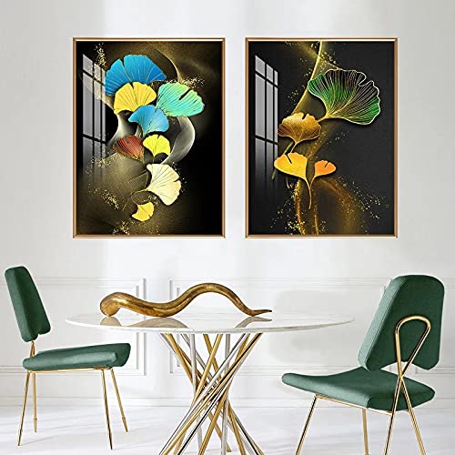 Peinture sur toile abstraite feuilles de plantes dorées, affiche art mural bleu vert 60x80