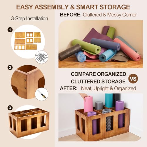 Image of Sintuff Vintage Wood Yoga Mat Holder Storage Organizer Floor Standing Foam Roller Holder Rack for Home Yoga Mats Gym Sports Exercise Accessories Dumbbell Resistance Bands