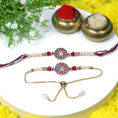 Image of Oblivion Rakhi Set for Brother and Bhabhi - Peacock with Feather Gift for Bhai & Lumba for Bhabhi with Silver Colour Coin and Greeting Card - Raksha Bandhan Combo