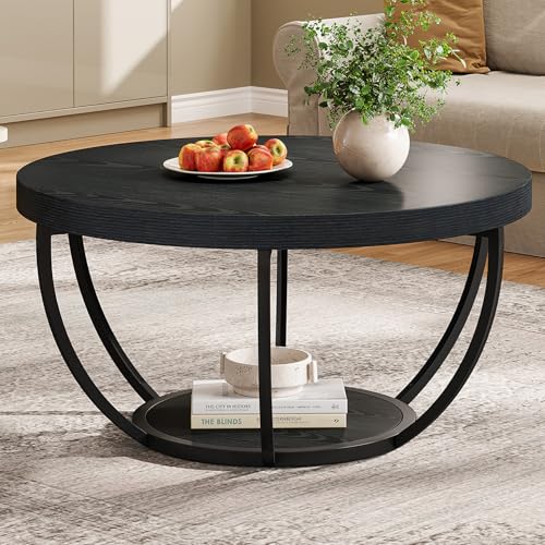 Image of Tribesigns Round Coffee Table with Storage, 31.7 inch Black Living Room Table