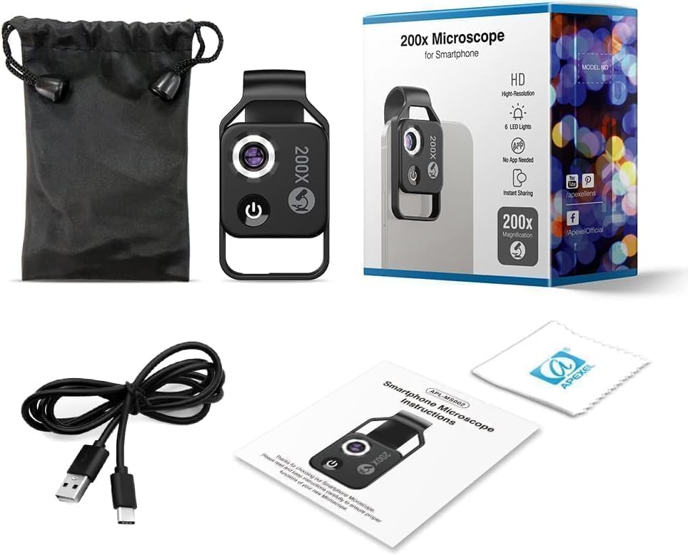 Image of Apexal 200X Mobile Microscope Lens with LED Light for Smartphone | Clip-On Macro Zoom Camera Lens for Android & iPhone