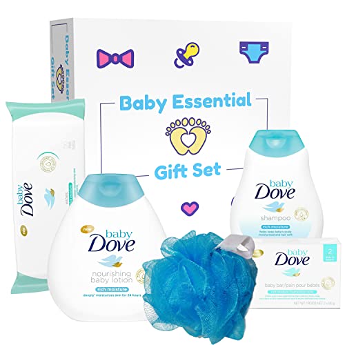 Image of Dove Baby Baby Gift Set with Baby Lotion, Baby Shampoo , Baby Bar Soap and Baby Wipes With Baby Bath Poof, Daily Care Newborn Baby Essentials Set, 4 Piece Gift Set