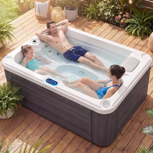 Acrylic Hot Tub Indoor Outdoor - 3-Person Bathtub for Family 16 Hydro Jets, 2 Speakers, LED Lights, Ozonator & Cover – Taupe Colored Ground Spa Machine for Relaxation (2 Seats 1 Lounger)