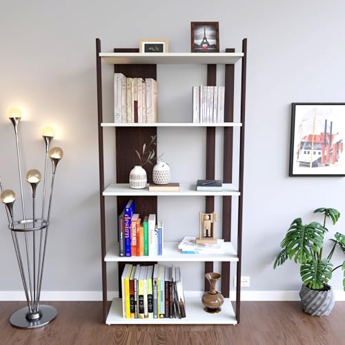 Image of ESTANTERIA Cuadrito Book Shelf Wooden Engineer Wood Book Rack for Study Room 5 Tier Corner Rack Storage Organizer Modern Book Display Showcase Stand for Library, Living Room,Office(Wenge & White)