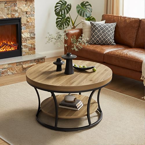 MSFE 2-Tier-Runde Couchtisch, Wohnzimmertisch, Modern Tisch Wohnzimmer, Couchtisch Rund Holz mit Sturdy Metal Frame, Sofa Tisch Beistelltisch für Wohnzimmer, Home Office, 80 * 80 * 45cm