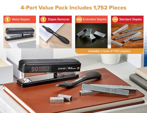 Bostitch Titan Heavy Duty Metal Stapler, 50 Sheet Capacity with 1250 Staples and Ergonomic Staple Remover, Jam Free Stapling, Full Strip Stapler for Desk, Office and Classroom, Bla image 3