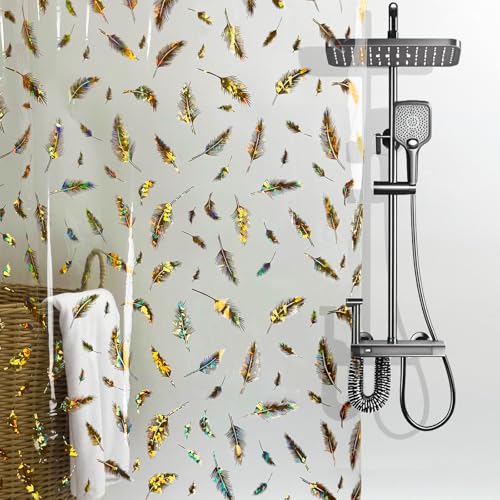 Holographic Shower Curtain Liner, Dual-Sided Iridescent Gold & Multicolor, Glitter Feather Pattern, PEVA Bathroom Clear Plastic Shower Curtain with Rustproof Grommets &Magnets, Waterproof 70x72 Inches