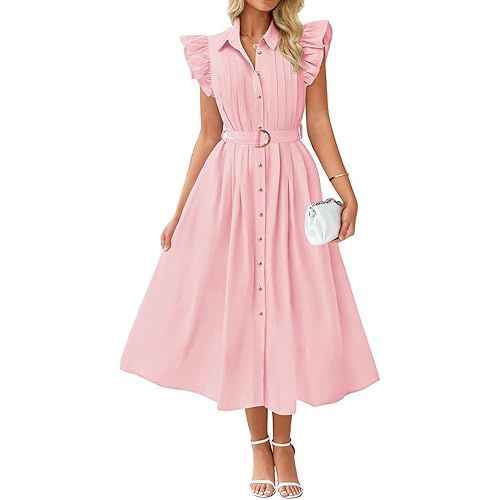 ZESICA Women's 2025 Summer Boho Button Midi Dresses Casual V Neck Flutter Sleeve Belted Long Dresses with Pockets