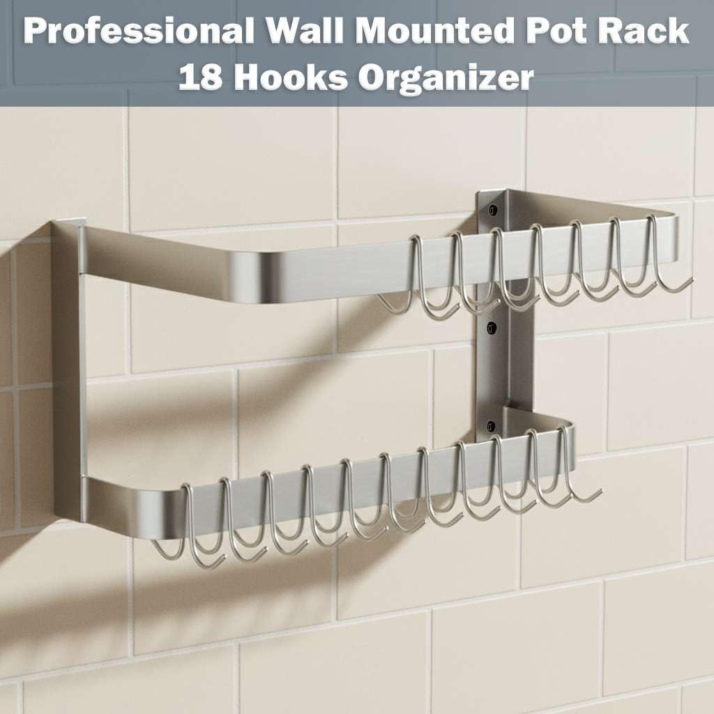 24" Stainless Steel Wall Mounted Double Line Pot Rack with 18 Hooks, Commercial Kitchen Use