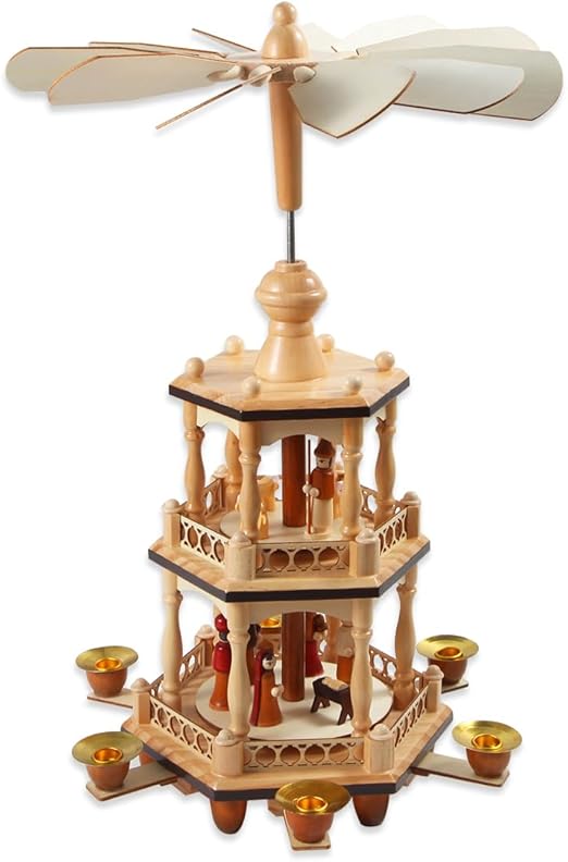 17 Inches Wooden Christmas Pyramid with 6 Candle Holders- Nativity Scene Set-Under The Christmas Tree - Table Top Holiday Decor - 3 Tiers Carousel (ONE)