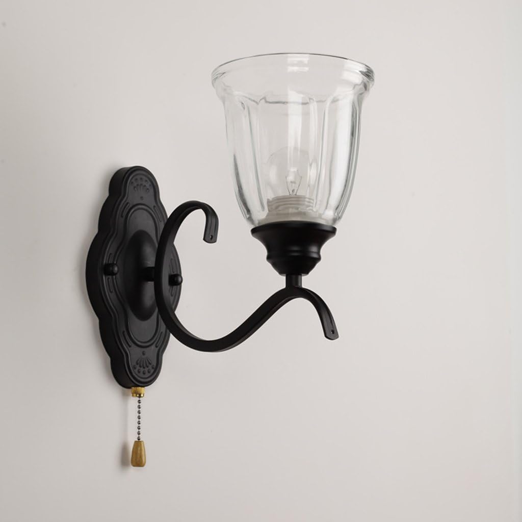 Pull Chain Switch Wall Lamp E27 Retro Bedroom Bedside Metal and Glass Shade Wall Sconces, Black Finish