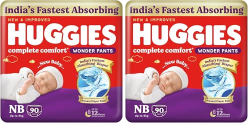Image of Huggies Complete Comfort Wonder Pants | Pant Style Baby Diapers Newborn Size (NB /XS), 90 Count | India's Fastest Absorbing Diaper, Prevents Diaper Rash, Ideal for 0-5 Kgs (Pack of 2)