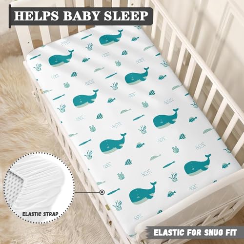 Image of Blue Whale Anemons Fishes Seaweeds Waves Fitted Crib Sheet Blue Whale Baby Crib Sheet Fit Standard Crib and Toddler Mattress,Crib Mattress Sheets for Boys Girls 28 inchx52 inch
