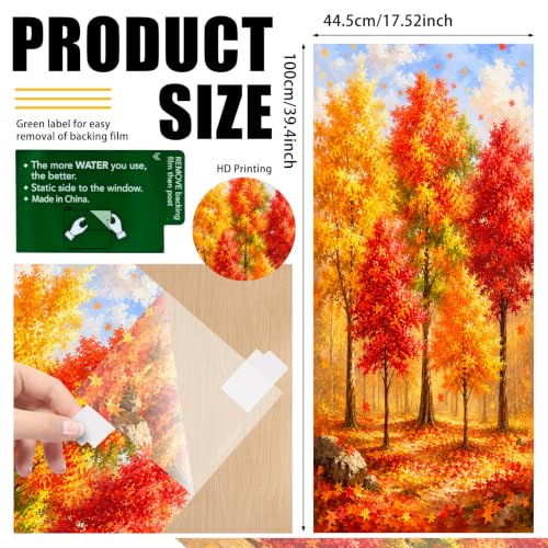 Image of Nuxovilar Fall Window Cling 17.7 x 39.4 in, White Frosted Maple Forest | White frosted PVC helps obscure views for privacy, with red, orange and golden maple trees in a colorful autumn woodland