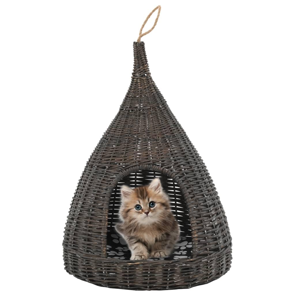 Casetta per gatti con cuscino, grigio, 40 x 60 cm, in vimini naturale, per gatti di piccola taglia, tiragraffi e spazio per dormire, adatta per appartamento, balcone e torre da gioco, con