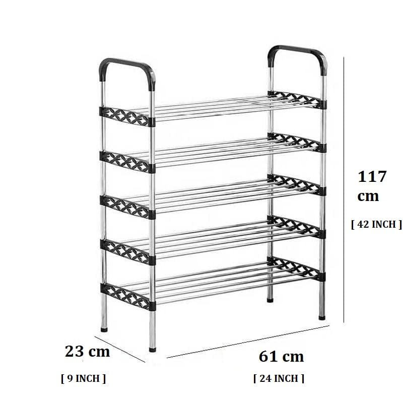 Image of 5 -Tier Shoe Rack for Closet, Entryway, or Bedroom - Large Capacity Tall Shoe Organizer Storage Shelf Holds 30 + Pairs Space Saving Freestanding Metal Shoe Stand with Steel Pipes & Plastic Connectors,