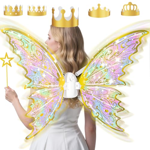 maysida Gold Fairy Wings for Kids and Girls Light-up Electric Sparkling Wings Princess Halloween Set with Wand Crown Butterfly Wings Ideal for Cosplay Party Birthday Christmas
