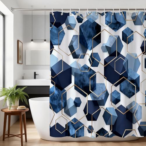 wdsilkbo Waben Duschvorhang 72x72 Zoll Blau Gold Wasserabweisender Duschvorhang Moderner Bad Dekorationsvorhang Passend Für Badewanne